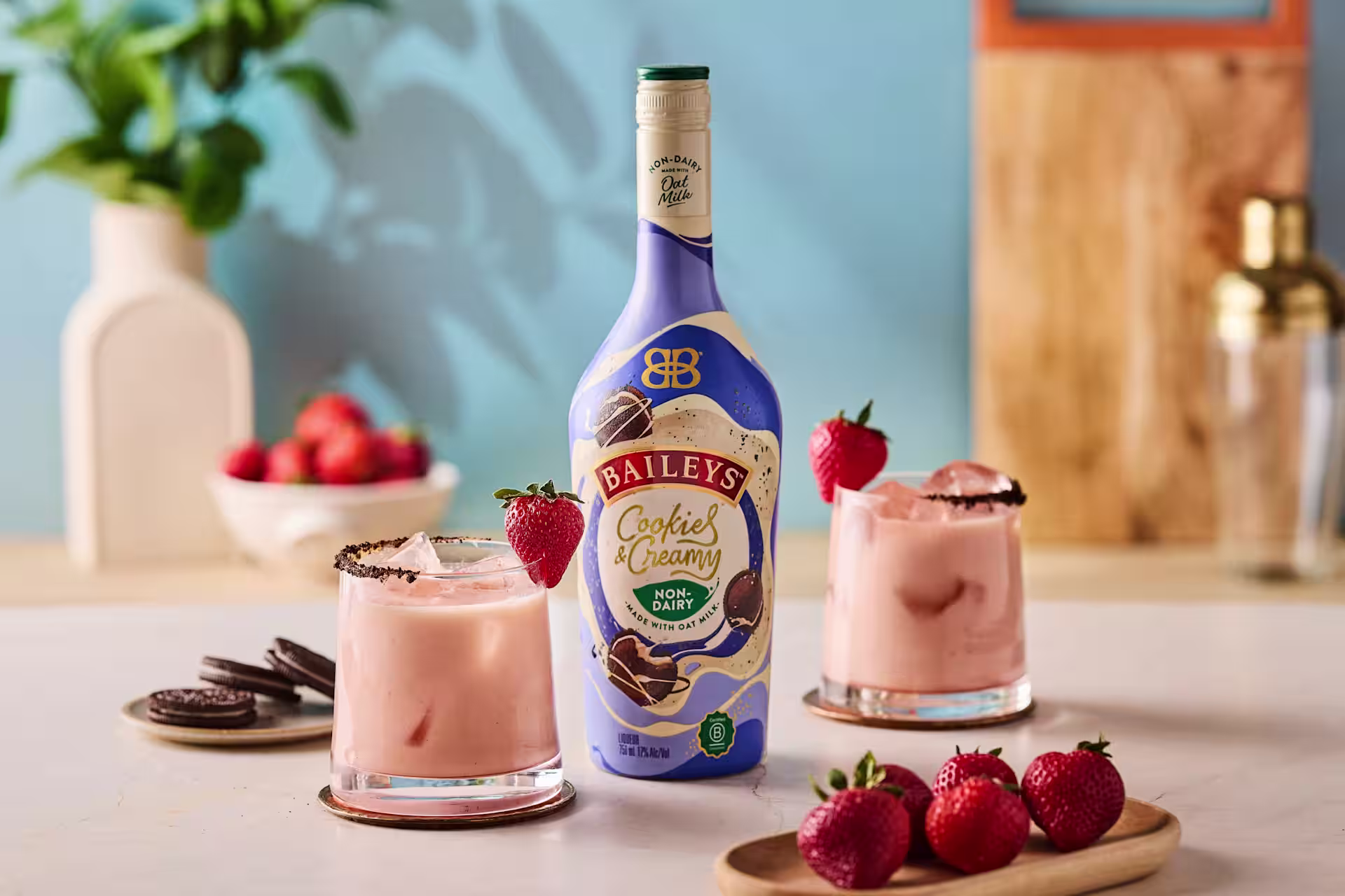 Baileys Oak Milk Strawberry Fields cup with strawberry garnish