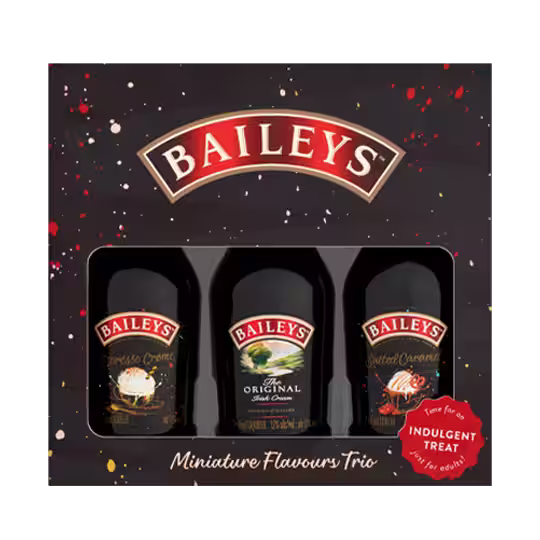 Baileys Miniature Flavours Trio gift set featuring Baileys Original Irish Cream, Baileys Salted Caramel and Baileys Espresso Crème. 